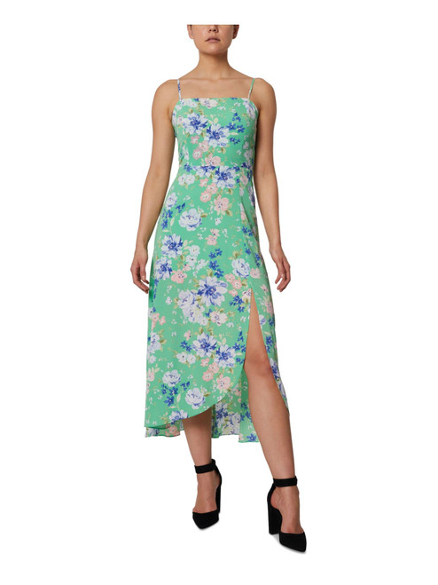 BCBGeneration Womens Green Stretch Zippered Ponte-Knit Leg Slit Hi-lo Hem Floral Spaghetti Strap Square Neck Midi Party Fit + Flare Dress 6