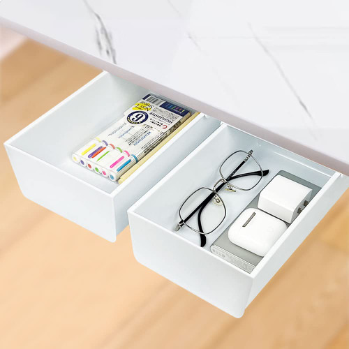 YOSKAEDI 2 Pack Under Desk Drawer Slide Out White, Large Self-adhesive Under Desk Under Table Drawer Organizers, Plastic Desk Drawer Attachment Hidden Storage Organizers for Office
