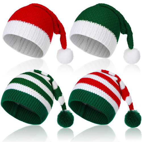 4 Pcs Knitted Santa Hat Elf Hats Christmas Hat Adults Knit Beanie Hat Skull Cap Winter Hats for Women Men (Stripe Style)