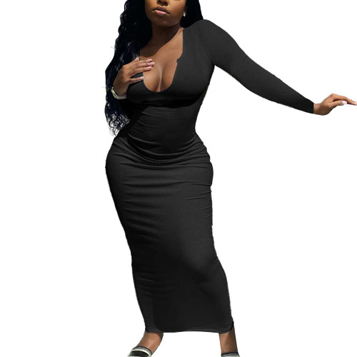 Antopmen Women Sexy V Neck Ribbed Knitted Long Sleeve Midi Dress Bodycon Slim Partywear Maxi Dress(Large, Black) Antopmen Women Sexy V Neck Ribbed Knitted Long Sleeve Midi Dress Bodycon Slim Partywear Maxi Dress(Large, Black)