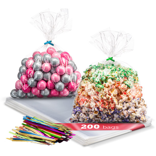 Prestee 200 Pack Clear Plastic Cellophane Bags Goodie Bags [9x12] with 4" Twist Ties, Candy Bags, Cookie Bags, Treat Bags with Ties, Clear Gift Bags, Cellophane Treat Bags (Pack of 200)