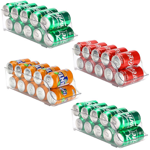 Puricon 4 Pack Refrigerator Organizer Bins Can Dispenser Storage Holder, Soda Beverage Canned Food Container Bin Clear Plastic Pantry Storage Rack for Fridge Kitchen Countertops Cabinets -Standard Can