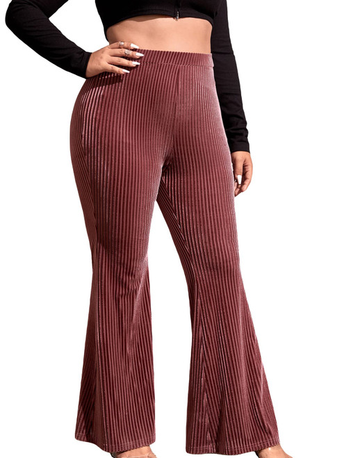 WDIRARA Women's Plus Size Ribbed Velvet Elastic Waist Flare Bell Bottom Long Pants Trousers Burgundy 1XL