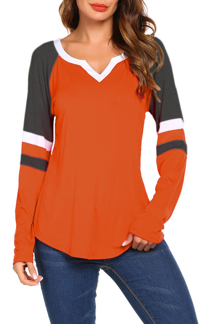 Sweetnight V Neck T Shirts for Women Long Sleeve Raglan Shirt Casual Basic Tops Orange S