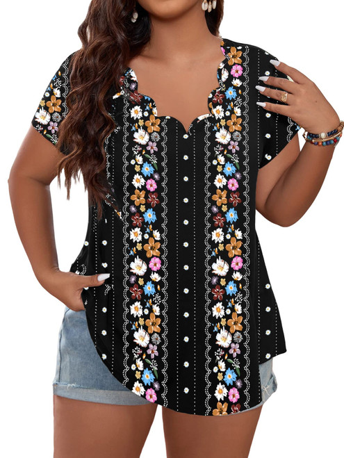 SOLY HUX Women's Plus Size Floral Print T Shirt V Neck Scallop Trim Short Sleeve Tee Tops Black Floral 0XL