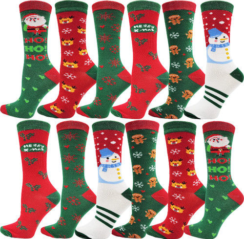 Winterlace Women's Christmas Socks, 12 Pairs, Holiday Xmas, Novelty Colorful Patterns (12 Pairs Assorted Crew Socks #6)