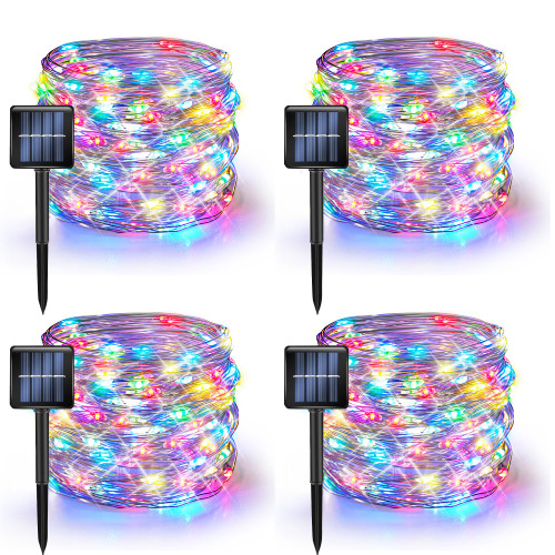 Dazzle Bright 4 Pack Solar String Lights Outdoor, 39.4 FT 120 LED Solar Powered Waterproof Fairy Lights 8 Modes, Silver Wire Lights for Christmas Patio Party Tree Yard Decoration (Multi Color)