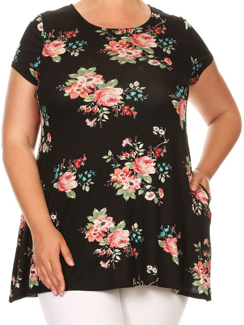 BNY Corner Women Plus Size Short Sleeve Floral Print Asymmetric Tunic Knit Top Tee Shirt Black 2XL B0216