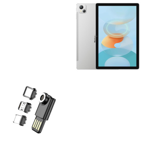 BoxWave Cable Compatible with Blackview Tab 13 - MagnetoSync Mini Adapter, Magnet Charging Cable USB Type-C Micro USB - Jet Black