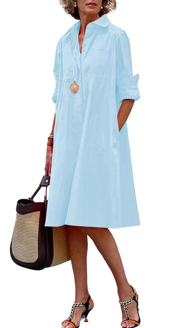 chouyatou Women's Spring Summer Button-Down Shirt Dress Loose A-Line Midi Shift Tunic Dress (Medium, Blue)