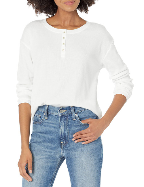 GAP Womens Long Sleeve Waffle Henley Shirt, White V2 Global, Small US