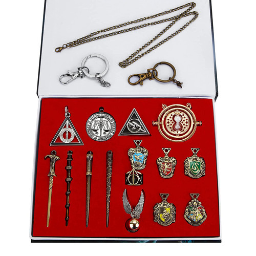 15pcs Novelty Magic Wand Necklace Set for Fans Cosplay Accessories with Keychain Necklace Ring Academy Badge in a Gift Box Brown