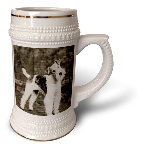 3dRose Vintage Wire Hair Fox Terrier Dog Circa 1900 Edwardian Era - Stein Mug, 18oz , 22oz, White