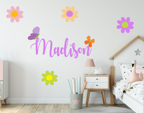 Flowers Custom Name Wall Decal - Daisy Wall Decal - Pastel Flowers and Butterflies Personalized Wall Decal - Flowers Girls Decor Stickers - Wall Decal for Home Nursery Bedroom Decoration