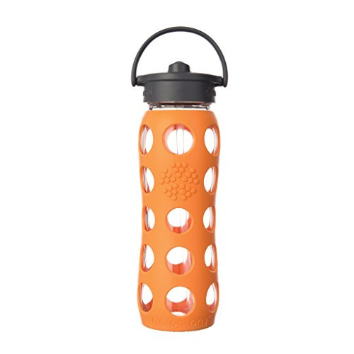 Lifefactory 22-Ounce BPA-Free Glass Water Bottle with Straw Cap and Silicone Sleeve, Orange