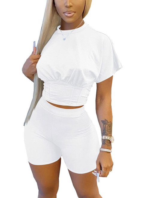 VNVNE Summer Two Piece Outfits for Women, Short Sleeve Tummy Control Crop Top and Bodycon High Waist Pant Workout Sets (White, M, m)