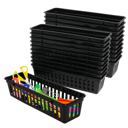 24 Pcs Classroom Storage Baskets Bins Baskets, Plastic Pencil or Rubber Organizer Basket Trays for Home School Classroom Office (Black)