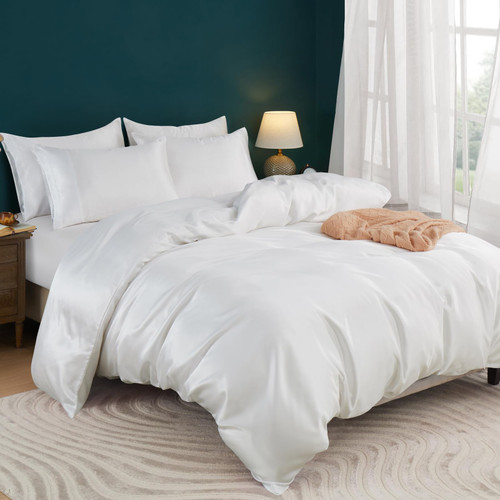 Horbaunal 5 Pieces Satin Duvet Cover Set Queen/Full Size White Duvet Cover with Corner Ties & Zipper Closure, Luxury & Silky Bedding Set, 1 Duvet Cover and 4 Pillowcases (No Comforter) Horbaunal 5 Pieces Satin Duvet Cover Set Queen/Full Size White Duvet Cover with Corner Ties & Zipper Closure, Luxury & Silky Bedding Set, 1 Duvet Cover and 4 Pillowcases (No Comforter)