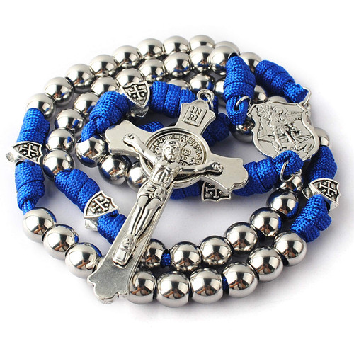 HanlinCC 10mm Stainless Steel Beads Large and Heavy Rugged Durable Paracord Rosary for Men with St.Michael Center Piece and St.Benedict Crucifix (Blue)