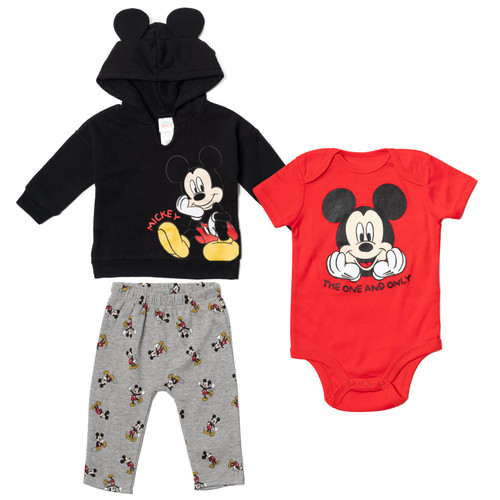 Disney Mickey Mouse Infant Baby Boys or Girls Fleece Hoodie Bodysuit and Pants 3 Piece Outfit Set Black/Red 6-9 Months