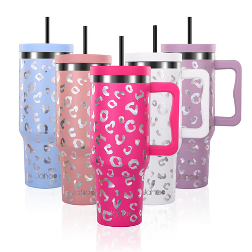 Jahao 40 oz Hot Pink Tumbler with Lid and Straw, Insulated Tumbler with Handle and Straw Stainless Steel Water Bottles Insulated Cup Coffee Travel Mug Spill Proof Leak Proof Tumbler (Pink Leopard)