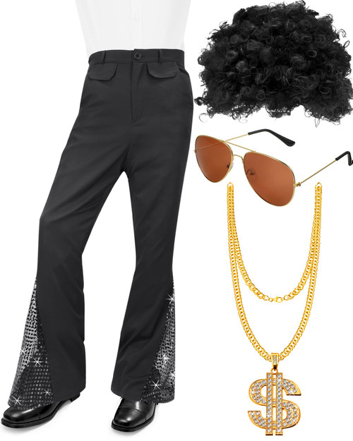 Men's 70s Disco Costume Sequin Bell Bottom Pants Mens Bootcut Trousers with Wig Sunglasses Disco Necklace for Party (XX-Large), Black