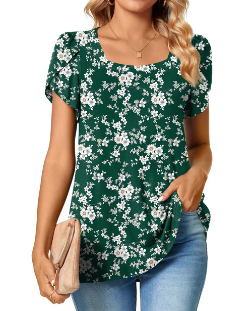 TAOHUADAO Womens 2022 Summer Casual T-Shirts Square Neck Petal Short Sleeve Tunic Tops Loose Comfy Blouses X-Large, Small Flowers-green