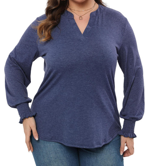 Cotton Tunic Tops for Women Loose Fit Plus Size Long Sleeve V Neck T Shirts Fall Blouse 3X Navy