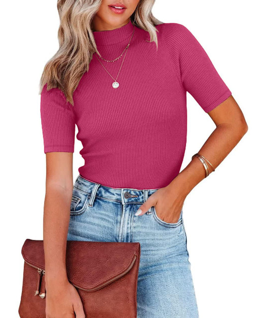 Nutssfiree Women's Casual Basic Mock Neck Short Sleeve Rib Knit Tee Top Summer Business Casual Outfits Office Tops Fitted Shirt Turtleneck Rose Red
