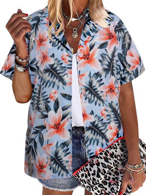 Hawaii Shirt Women Hawaiian Tshirt Floral Leaves Tee Tropic Beach Shirt Button Up Shirt Summer Vacation Shirt Light Blue
