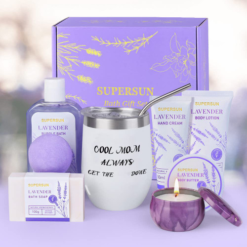 Birthday Gifts for Mom Relaxing Spa Gift Basket for Women,Lavender Scented,8PCS Includes Body Lotion,Bubble Bath,Body Butter,Bath Soap,Hand Cream,Bath Bomb,Lavender Scented Candle & Tumbler with Straw