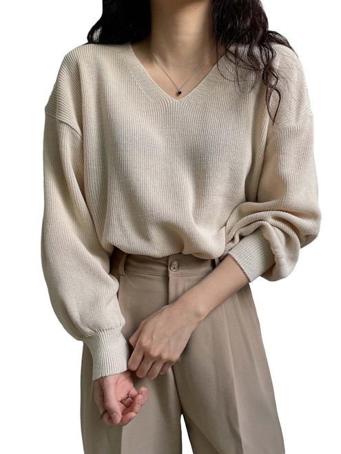 Verdusa Women's V Neck Drop Shoulder Long Sleeve Knit Solid Pullovers Sweater Top Apricot M