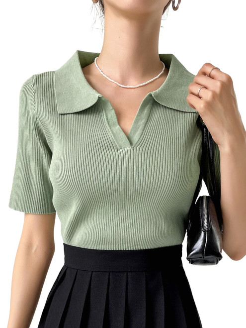 Verdusa Women's Short Sleeve Polo Neck Ribbed Knit Causal Pullover Lightweight Top Sweater Mint Green XL