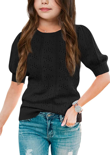 Batermoon Girls' Puff Short Sleeve Sweaters Crewneck Hollow Out Knit Pullover Tops Black