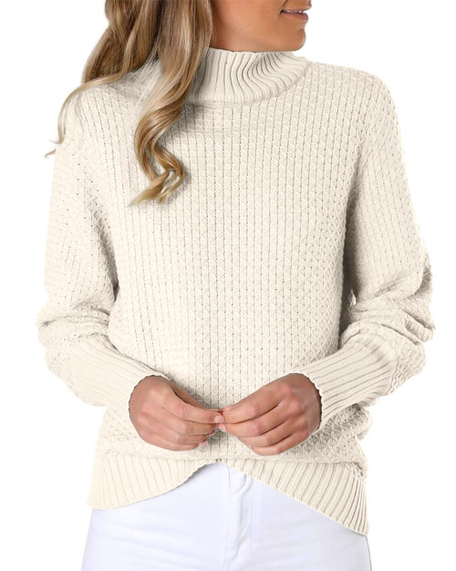 Apbondy Womens Pullover Sweaters Turtleneck Long Sleeve Waffle Knit Sweater Jumper Tops Beige