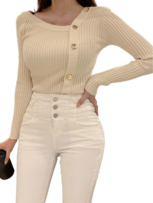 MakeMeChic Women's Asymmetrical Neck Rib Knit Sweater Button Front Slim Fit Long Sleeve Pullover Sweater Apricot M