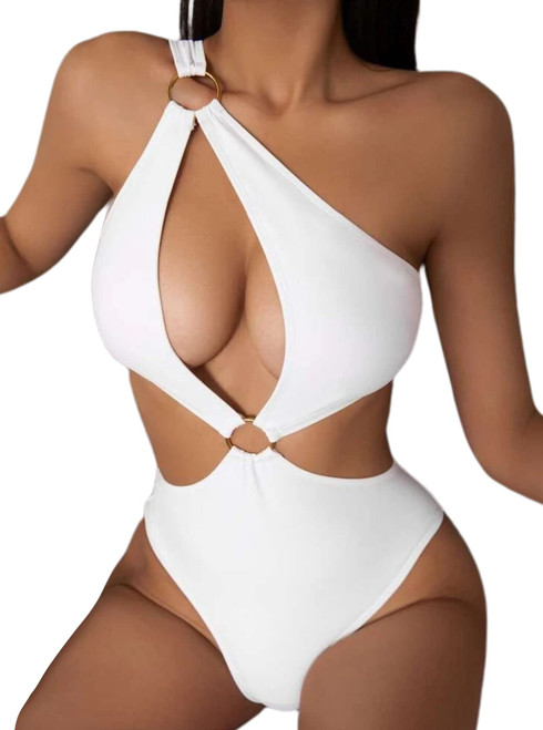 Hilinker Women's Sexy Ring Front Cut Out One Piece Swimsuit One Shoulder Bathing Suit White New Medium