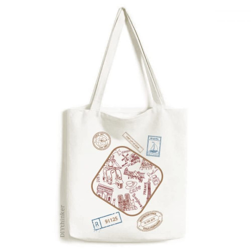 France Triumphal Arch Louvre Eiffel Tower Stamp Shopping Ecofriendly Storage Canvas Tote Bag