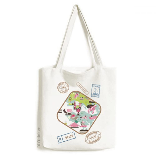 Hong Kong Map Famous China Stamp Shopping Ecofriendly Storage Canvas Tote Bag