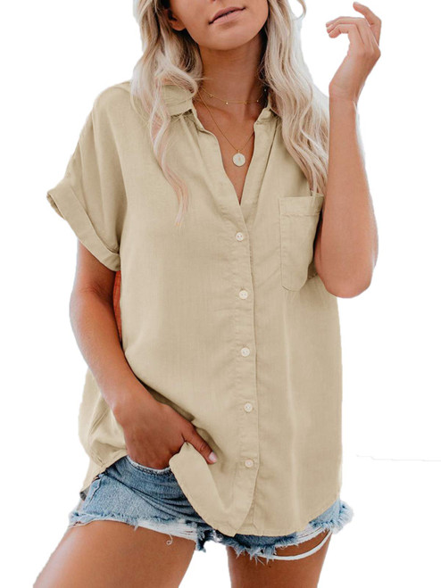 Paintcolors Women's Button Down Shirts Cotton Short Sleeve Blouses V Neck Casual Tunics Solid Color Tops with Pockets-Khaki1 S