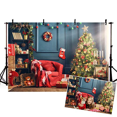 COMOPHOTO Christmas Tree Backdrop for Indoor Wooden Floor Gift and Red Sock Sofa Photography Backdrop 8x6ft Children Kids Portrait Photoshooot Xmas Room Decoration Backgrounds