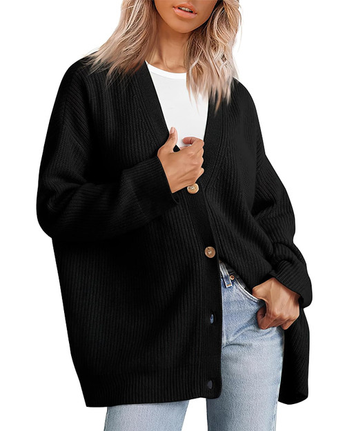 ebossy Women's Open Front Knit Cardigan Casual Long Sleeve Oversized Button Lightweight Sweater Outwear (XL, Black)