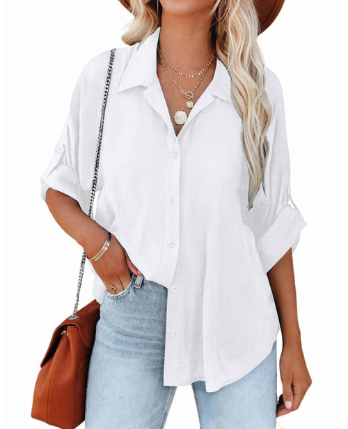 HOTOUCH Womens Linen Collared Button Down Shirt Comfortable Blouse Top A-Pure White, Large, Long Sleeve