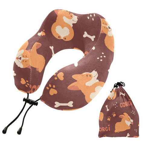 Sinestour Corgi Dog Travel Neck Pillow Airplane Pillow Memory Foam Neck Support with Storage Bag Neck Pillow for Airplane Car Train