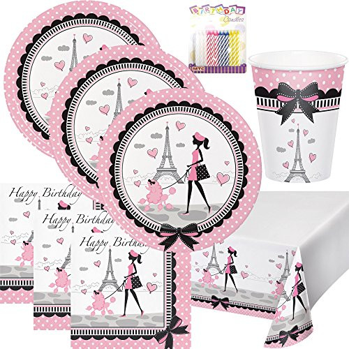 Party in Paris Theme Birthday Supplies Pack Serves 16: Dinner Plates, Luncheon Napkins, Table Cover, Cups and Birthday Candles Party in Paris Theme Birthday Supplies Pack Serves 16: Dinner Plates, Luncheon Napkins, Table Cover, Cups and Birthday Candles