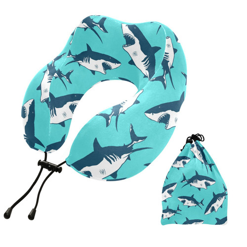 Sinestour Sharks Travel Neck Pillow Airplane Pillow Memory Foam U-Shaped Neck Support Pillow with Storage Bag Best Airplane Travel Pillow for Airplane Trains Cars
