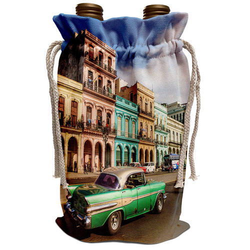 3dRose Danita Delimont - Cuba - Cuba, Havana. City scenic with green vintage car. - Wine Bag (wbg_312984_1)