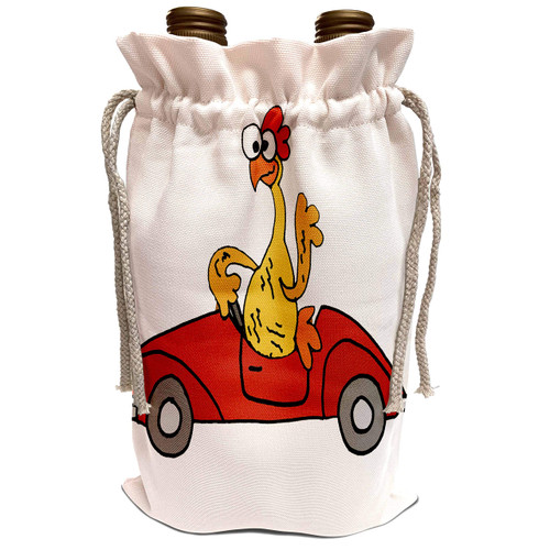3dRose All Smiles Art - Funny - Funny Cute Rubber Chicken Driving Red Convertible Car - Wine Bag (wbg_317710_1)