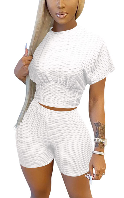 VNVNE Two Piece Outfits for Women, Short Sleeve Tummy Control Crop Top and Bodycon High Waist Pant Workout Sets, Casual Tracksuit Sexy Clubwear (White, S, s)