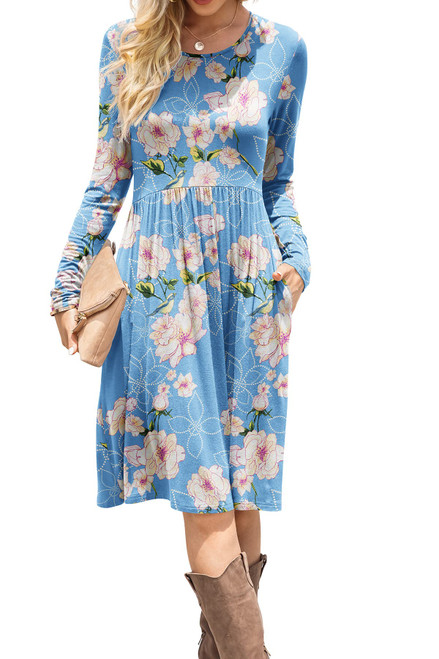 DB MOON Women Casual Long Sleeve Dresses Empire Waist Loose Dress with Pockets (Flower Light Blue, XL) DB MOON Women Casual Long Sleeve Dresses Empire Waist Loose Dress with Pockets (Flower Light Blue, XL)
